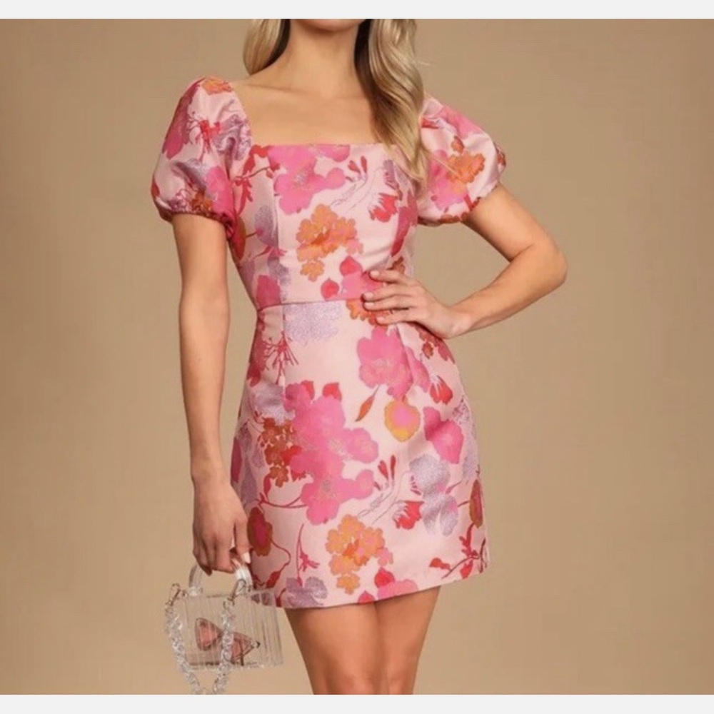 Lulu's Pink Floral Puff-Sleeve Mini Dress with Coral Accents